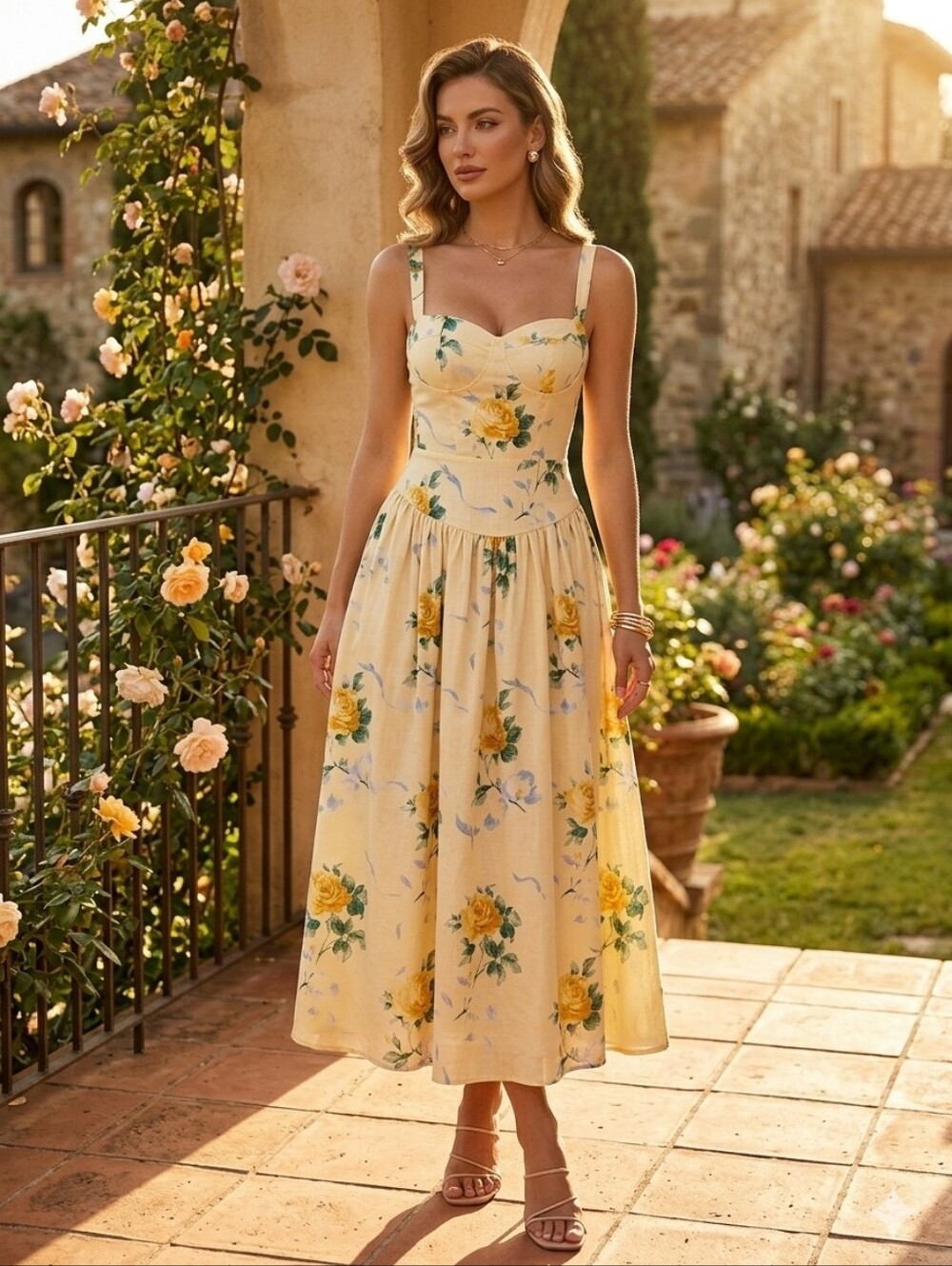 Light Yellow Floral Bustier Midi Dress